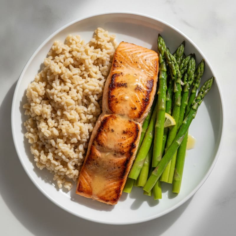 Seared Salmon with Steamed Asparagus and Brown Rice