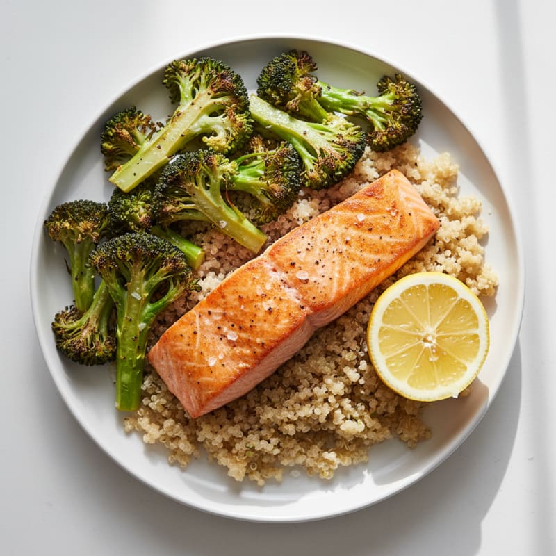 Seared Salmon with Roasted Broccoli and Quinoa