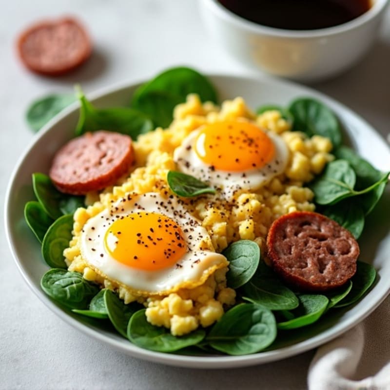 Egg White and Turkey Sausage Scramble with Spinach and Black Coffee