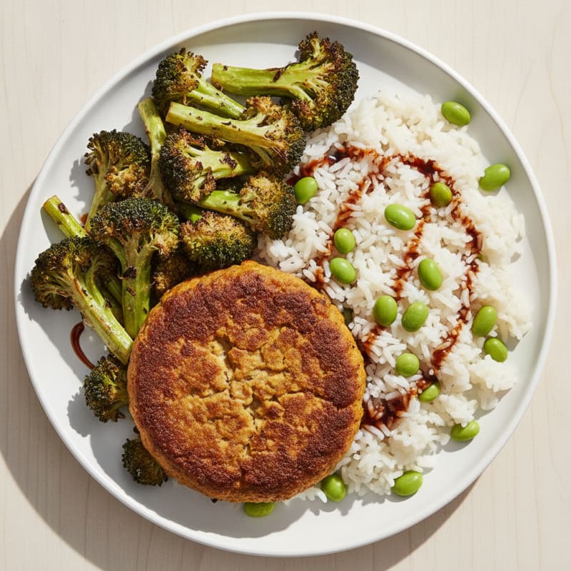 Impossible Burger with Roasted Broccoli and Jasmine Rice