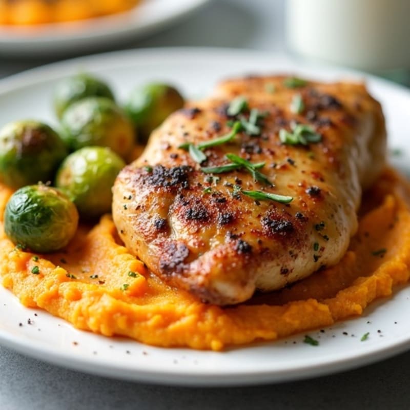 Herb-Roasted Chicken with Crispy Brussels Sprouts and Creamy Sweet Potato Mash