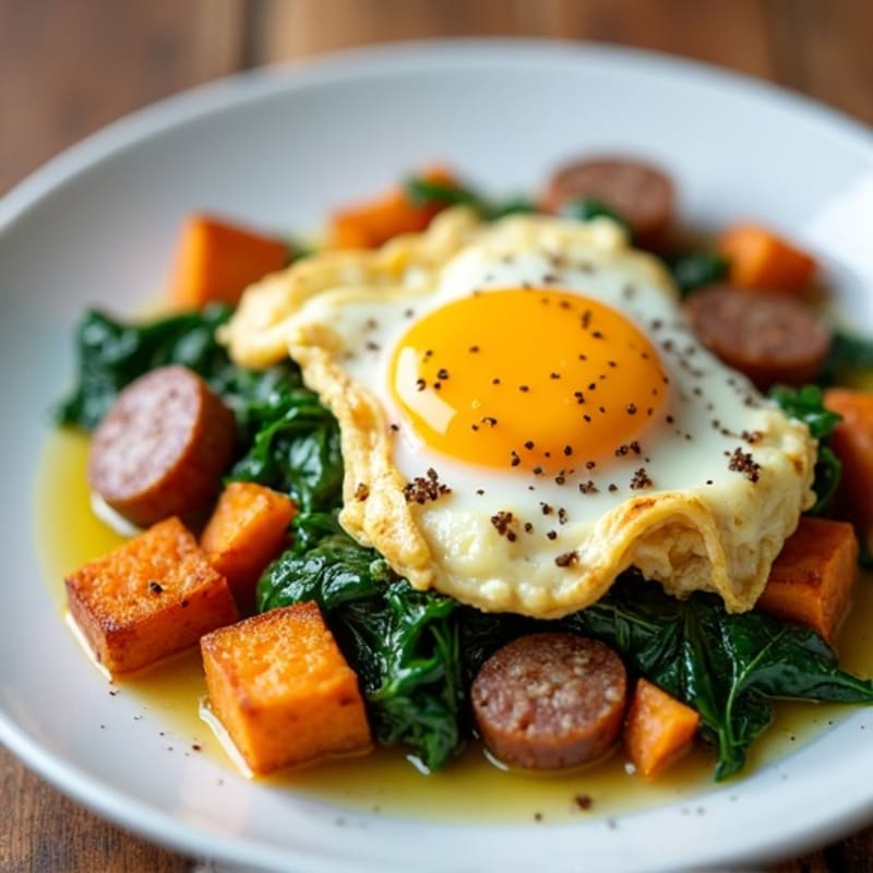 Egg White and Turkey Sausage Scramble with Spinach and Roasted Sweet Potatoes