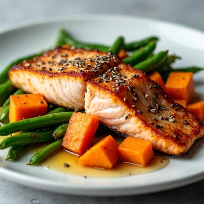 Pan-Seared Salmon with Roasted Sweet Potatoes and Green Beans