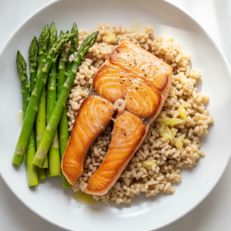 Seared Salmon with Steamed Asparagus and Brown Rice