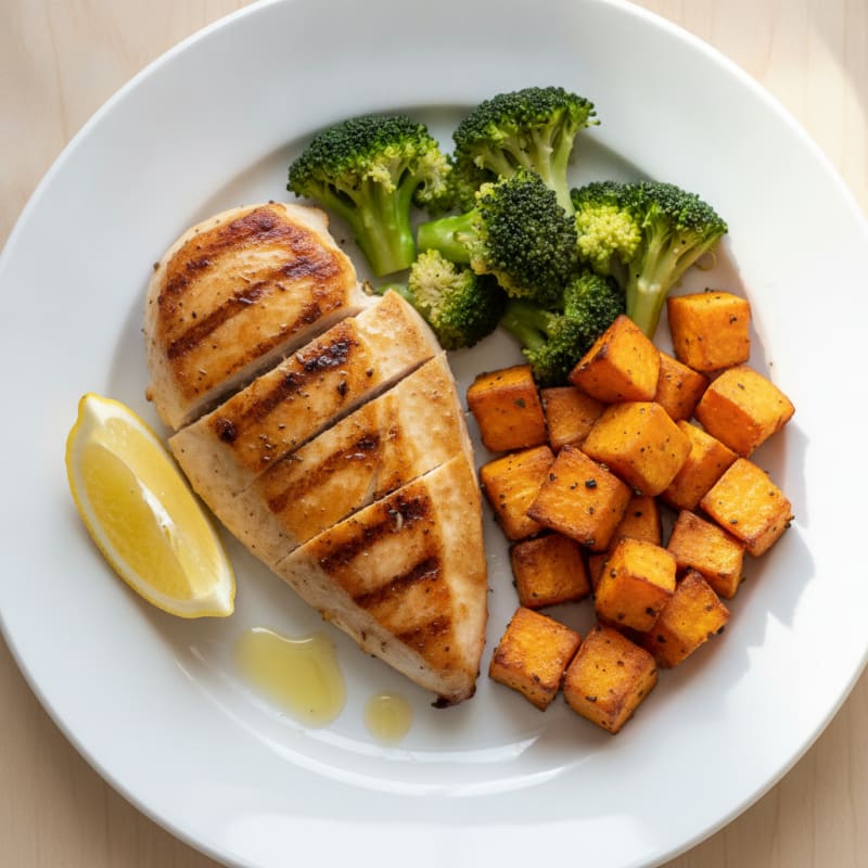 Seared Chicken Breast with Roasted Sweet Potato and Steamed Broccoli