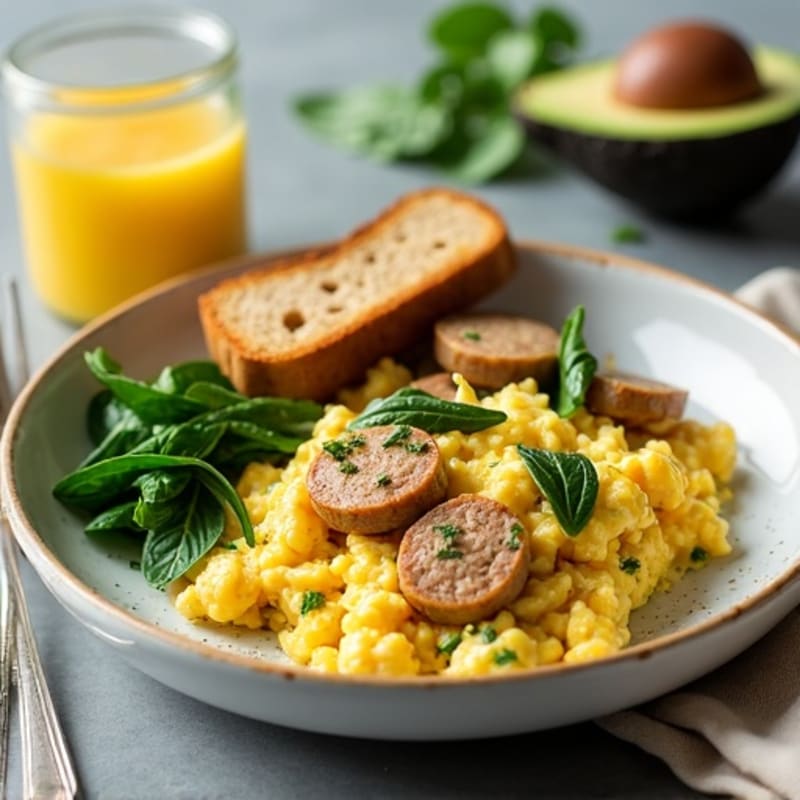 Egg White Scramble with Chicken Sausage and Spinach