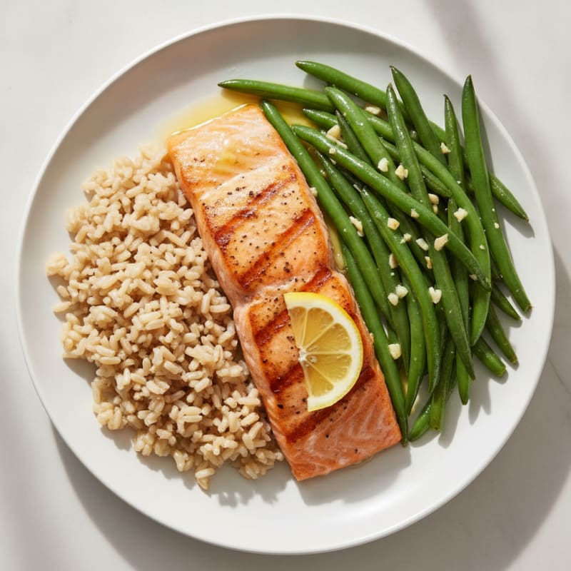 Seared Salmon Fillet with Garlic Green Beans and Brown Rice