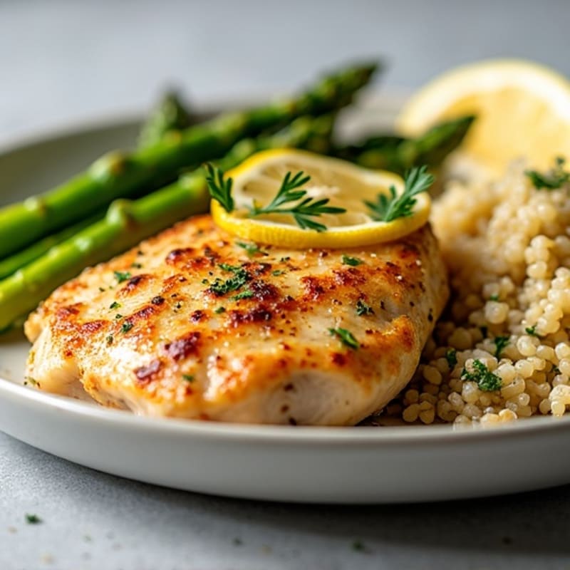 Crispy Lemon-Herb Pan-Seared Chicken with Roasted Asparagus and Fluffy Quinoa