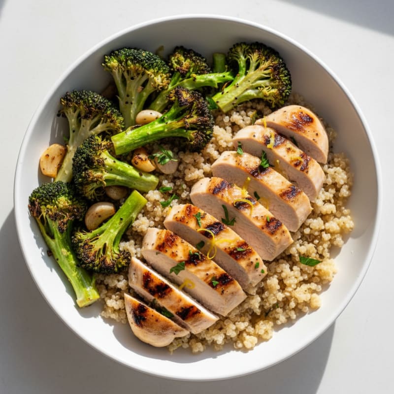 Grilled Chicken and Quinoa Bowl with Roasted Broccoli