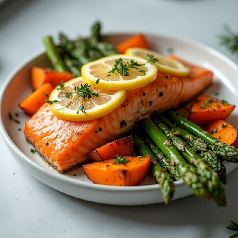 Sheet Pan Lemon Herb Salmon with Crispy Roasted Asparagus and Sweet Potatoes