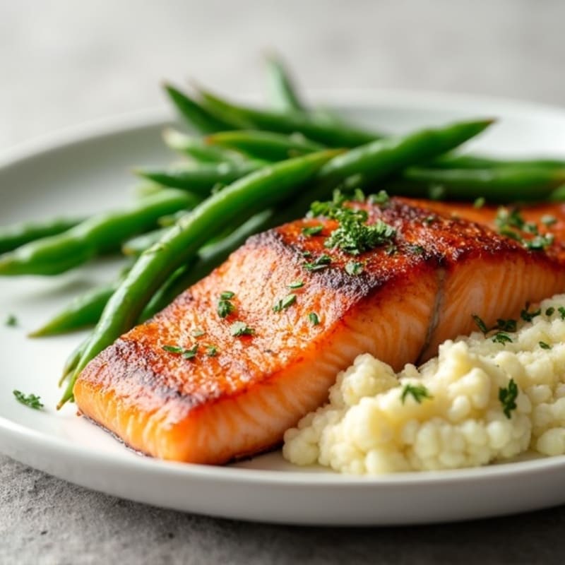 Seared Salmon Fillet with Steamed Green Beans and Cauliflower Mash