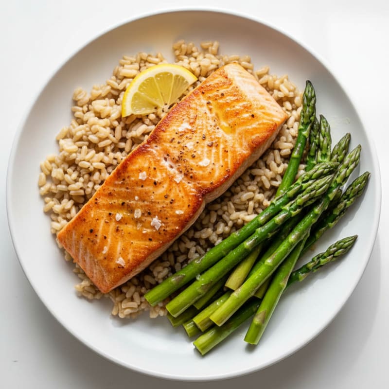 Seared Salmon with Steamed Asparagus and Brown Rice