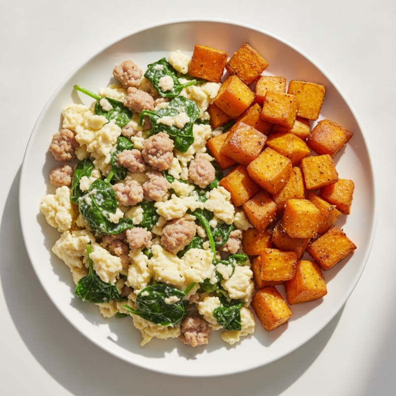 Egg White and Turkey Sausage Scramble with Spinach and Roasted Sweet Potato