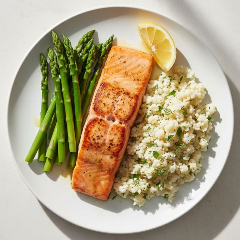 Seared Salmon Fillet with Steamed Asparagus and Herbed Cauliflower Rice