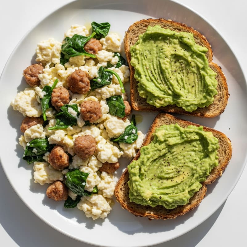 Egg White and Turkey Sausage Scramble with Spinach and Smashed Avocado Toast