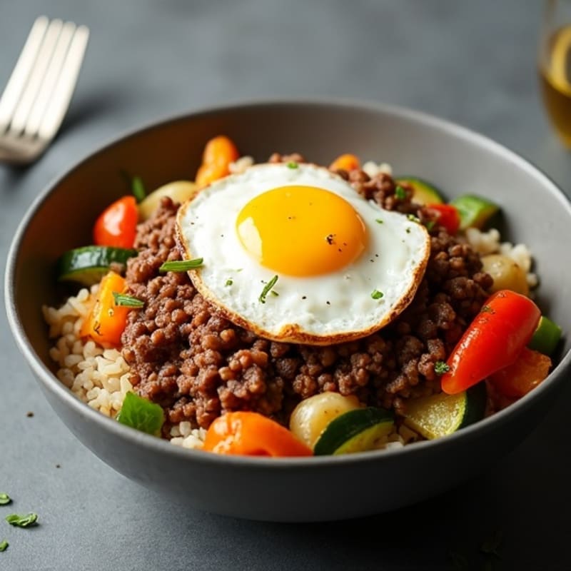 Crispy Ground Beef and Rice Bowl with Roasted Vegetables