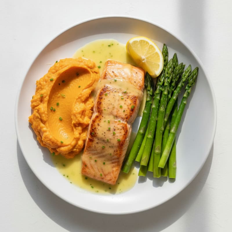 Seared Salmon Fillet with Steamed Asparagus and Sweet Potato Mash