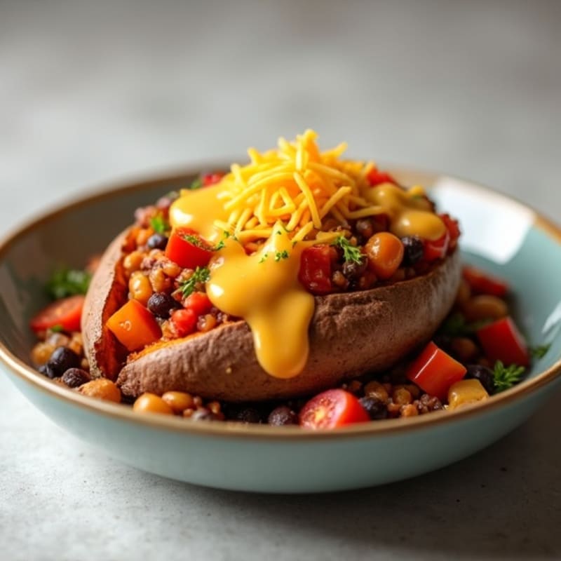Hearty Lean Turkey Chili Loaded Sweet Potato with Creamy Cheddar Sauce