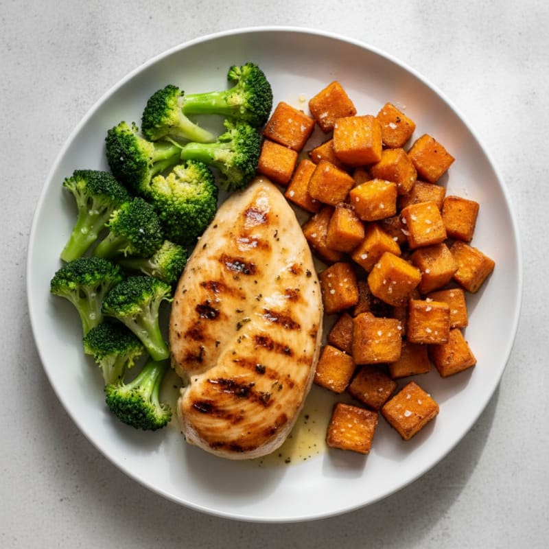 Grilled Chicken Breast with Roasted Sweet Potato and Steamed Broccoli