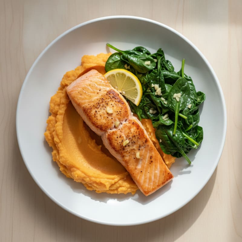 Seared Salmon with Garlic Spinach and Sweet Potato Mash