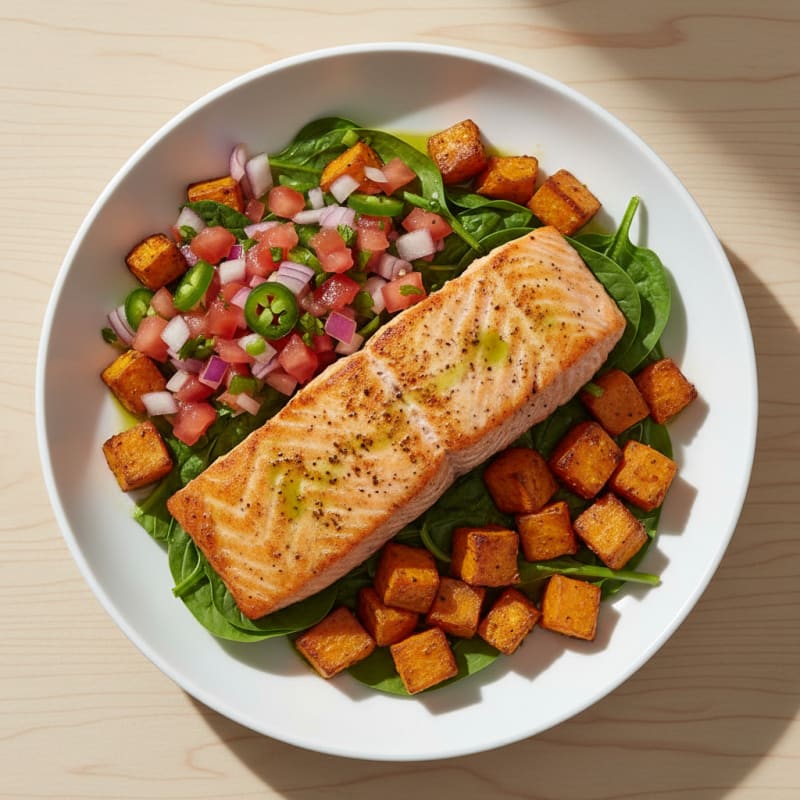 Crispy Salmon Bowl with Roasted Sweet Potatoes and Pico de Gallo