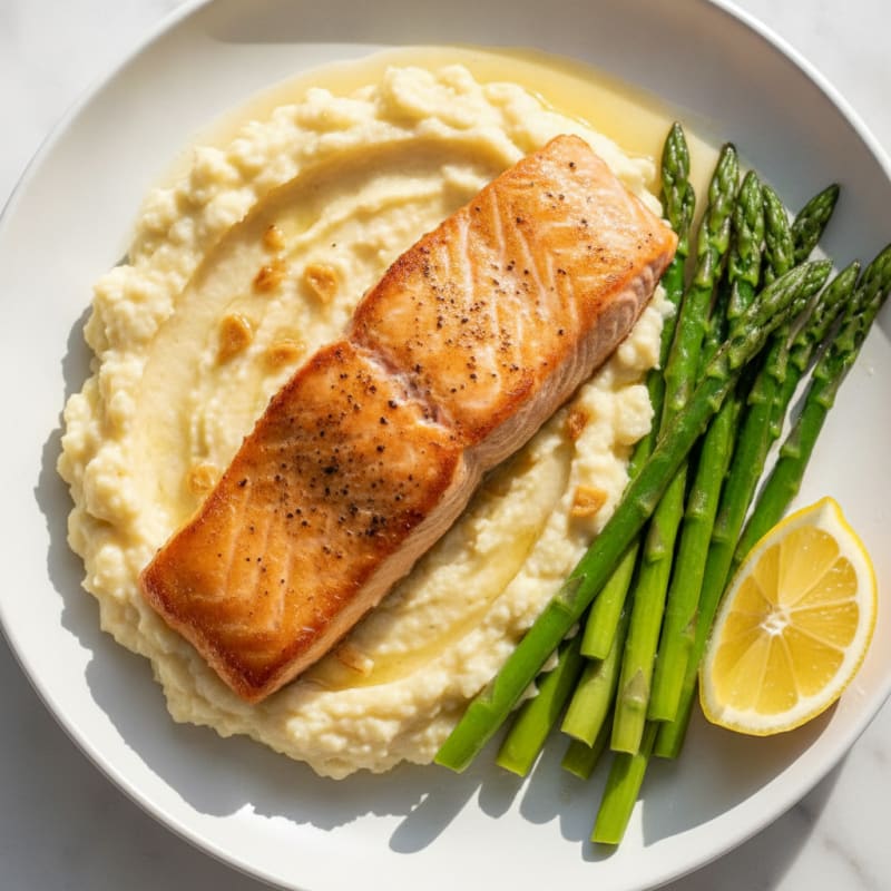 Seared Salmon with Steamed Asparagus and Garlic Cauliflower Mash