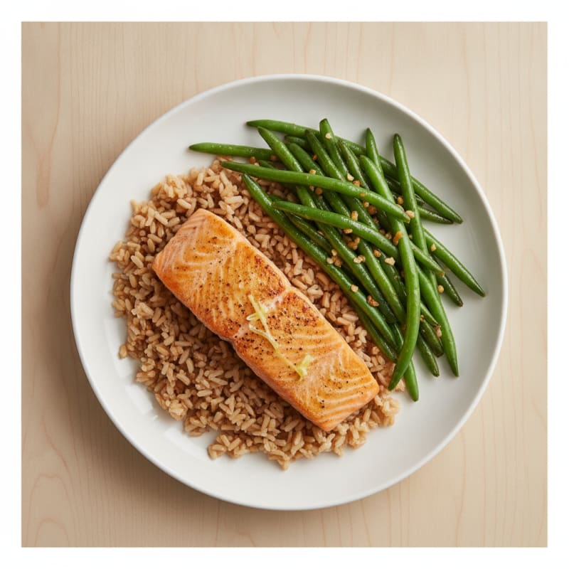 Seared Salmon Fillet with Garlic Green Beans and Brown Rice