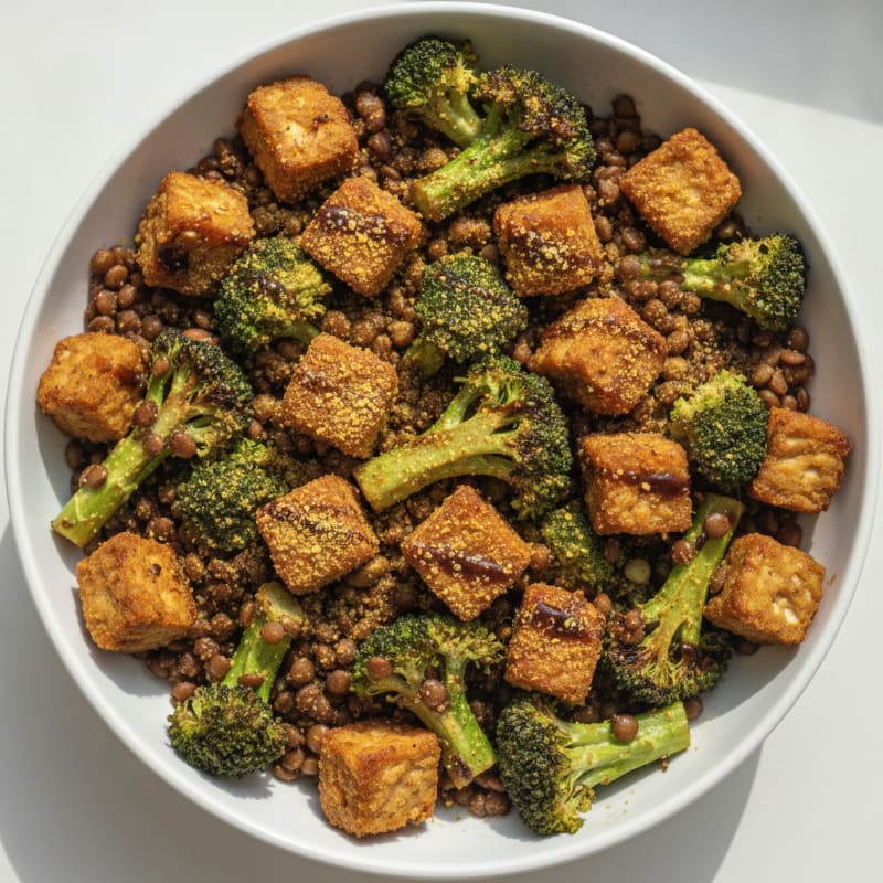 Crispy Lentil Tempeh Bowls with Roasted Broccoli