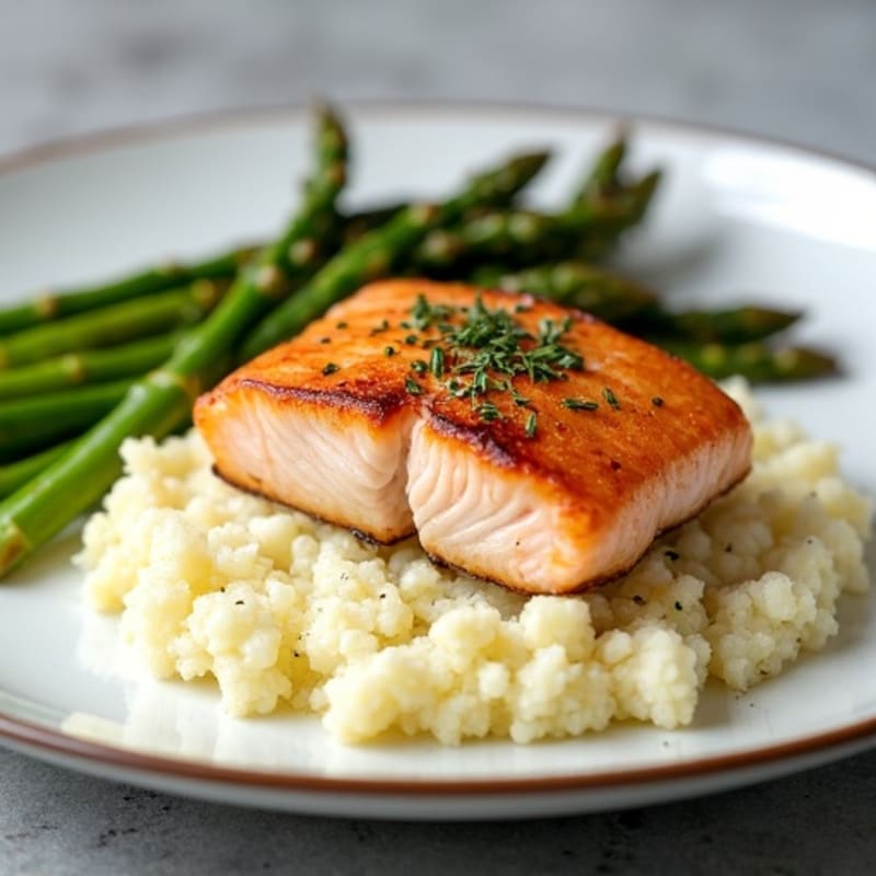Seared Salmon Fillet with Roasted Asparagus and Cauliflower Mash