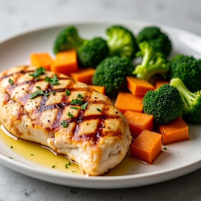 Grilled Chicken Breast with Roasted Sweet Potato and Steamed Broccoli