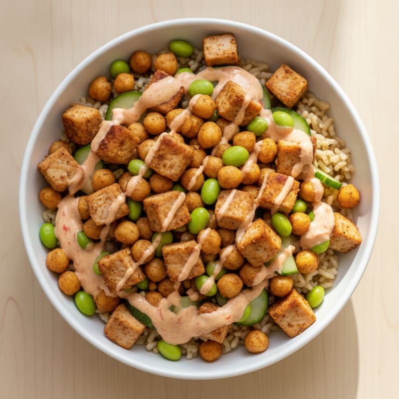 Spicy Chickpea and Deli Turkey Rice Bowl with Edamame