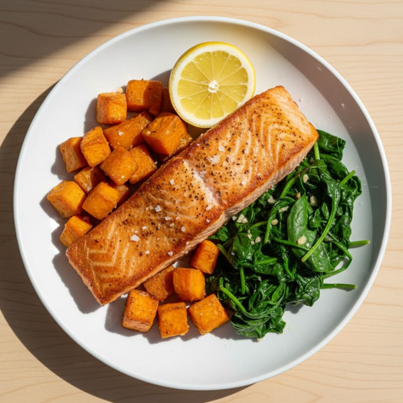 Seared Salmon with Roasted Sweet Potato and Sautéed Spinach