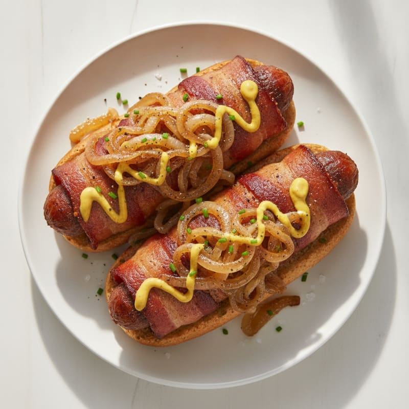 Bacon-Wrapped Hot Dogs with Caramelized Onions