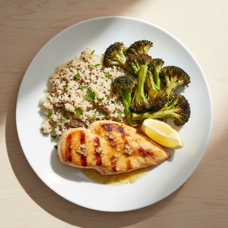 Grilled Lemon-Garlic Chicken Breast with Quinoa and Roasted Broccoli