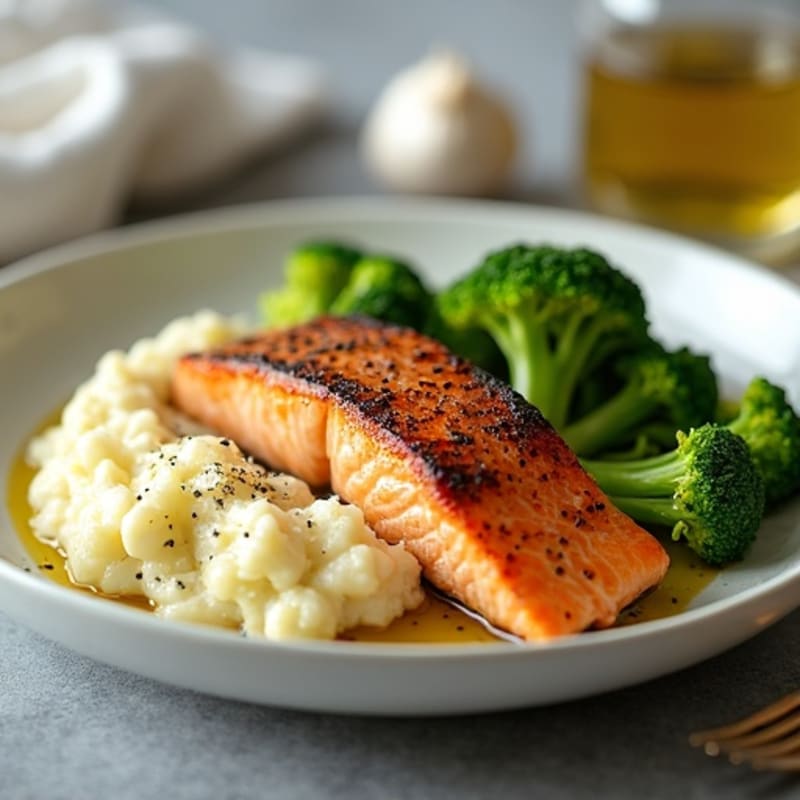 Seared Salmon with Steamed Broccoli and Garlic Cauliflower Mash