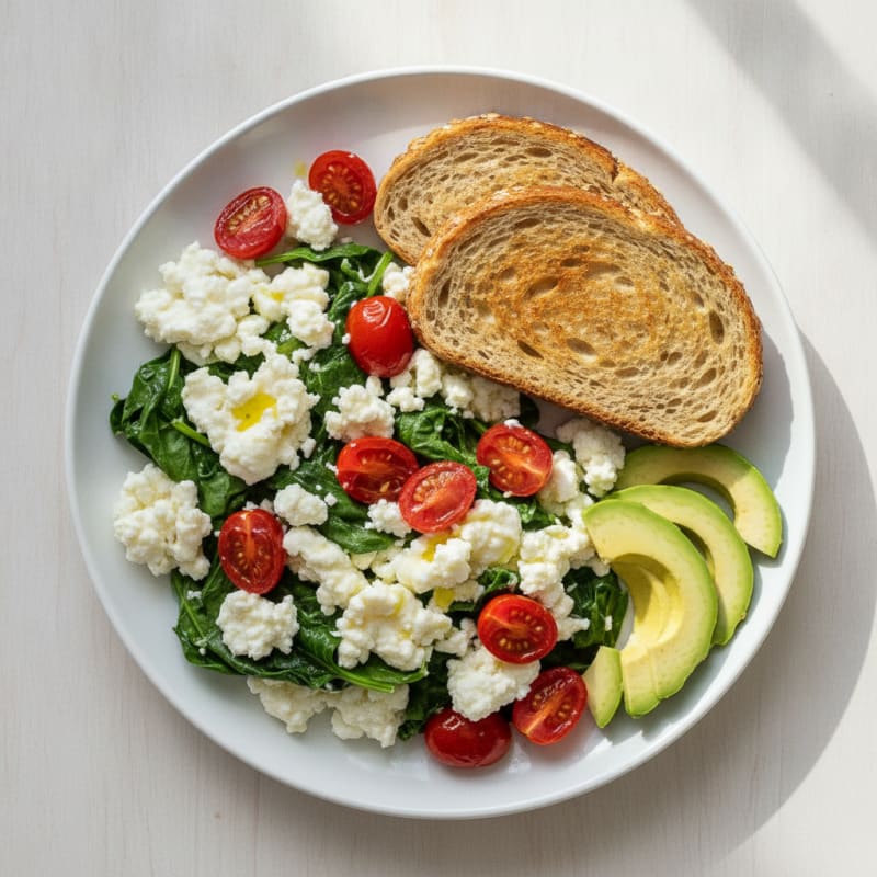 Egg White Spinach Scramble with Cottage Cheese and Cherry Tomatoes