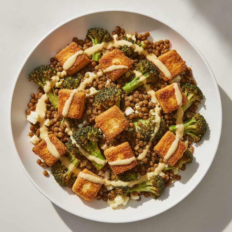 Crispy Tofu and Lentil Power Bowl with Roasted Broccoli and Lemon Tahini Drizzle
