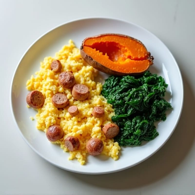 Egg White and Turkey Sausage Scramble with Sautéed Spinach and Sweet Potato