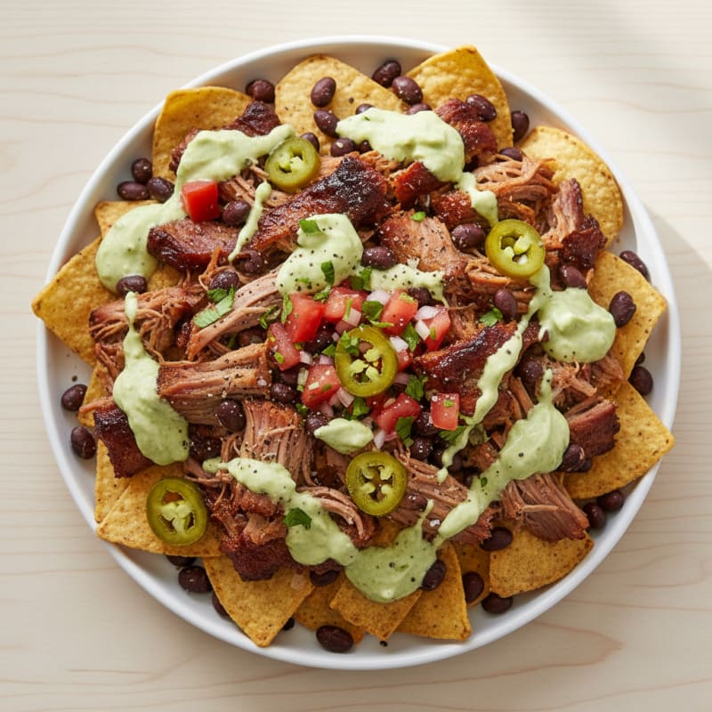 Pulled Pork Nachos with Avocado Crema