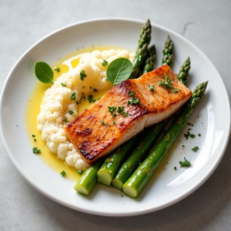 Seared Salmon with Roasted Asparagus and Cauliflower Mash