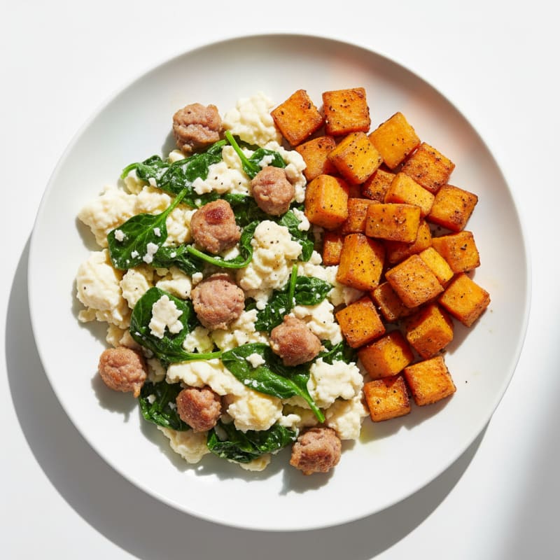 Egg White and Turkey Sausage Scramble with Spinach and Roasted Sweet Potato