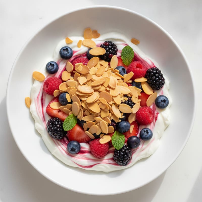 High-Protein Greek Yogurt Parfait with Mixed Berries and Almonds