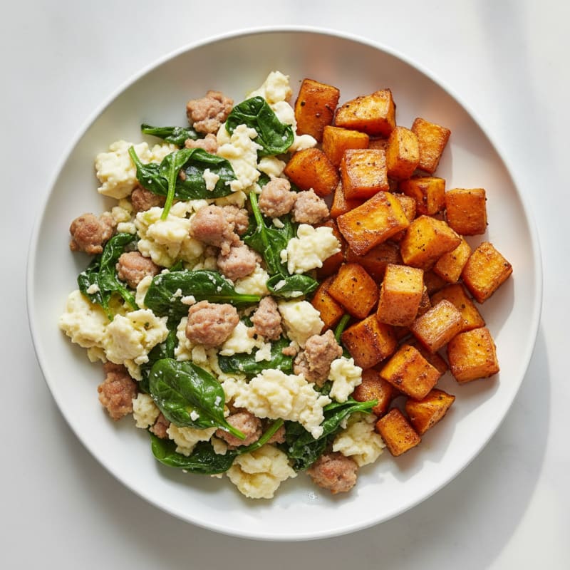 Egg White and Turkey Sausage Scramble with Spinach and Roasted Sweet Potatoes