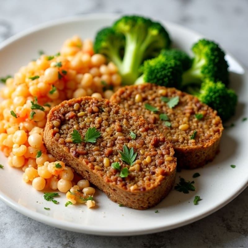 Lentil Walnut Loaf with Roasted Broccoli and Chickpea-Seitan Mash