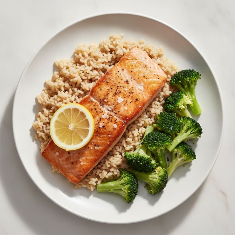 Seared Salmon with Steamed Broccoli and Brown Rice