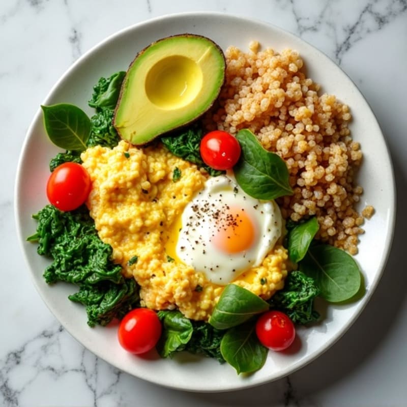 Egg White Spinach Scramble with Cottage Cheese and Cherry Tomatoes