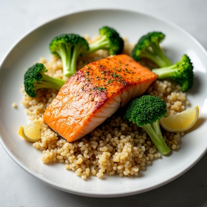 Broiled Salmon with Roasted Broccoli and Quinoa