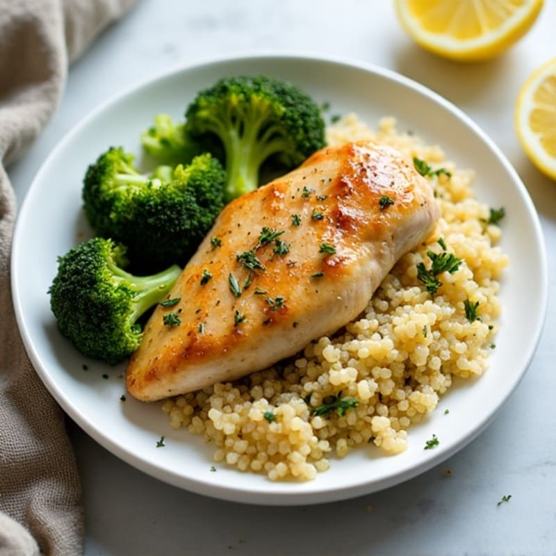 Lemon-Herb Roasted Chicken with Crispy Roasted Broccoli and Quinoa