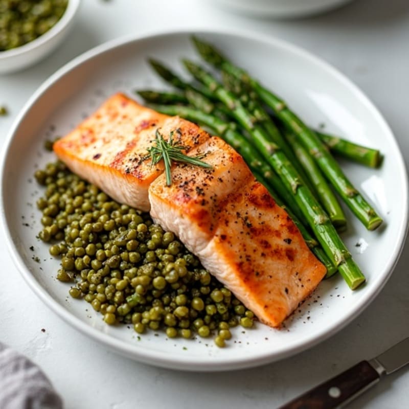 Seared Salmon with Roasted Asparagus and Lentils