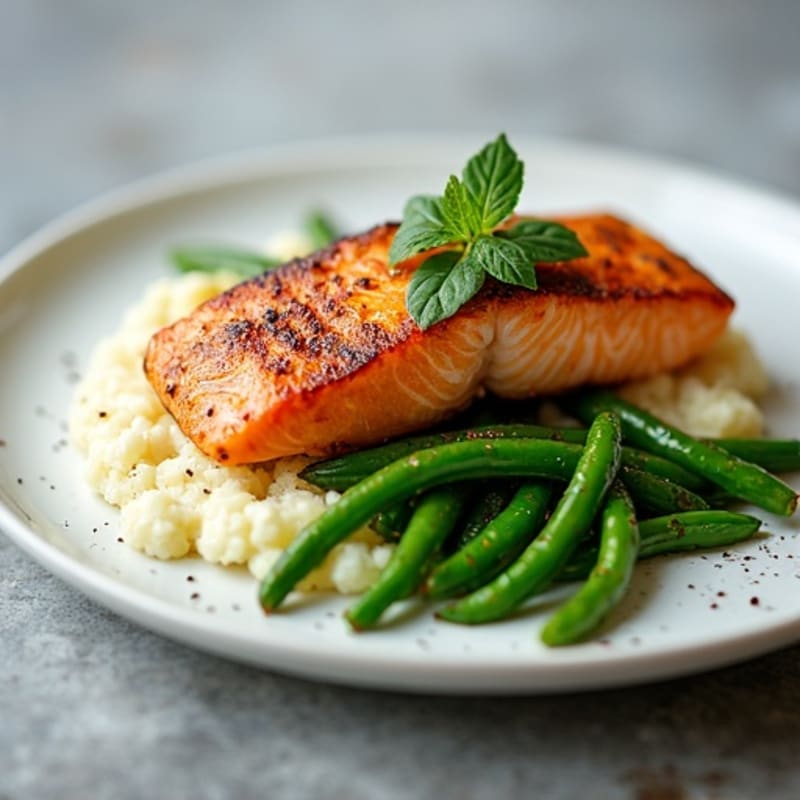 Seared Salmon with Garlic Green Beans and Cauliflower Mash